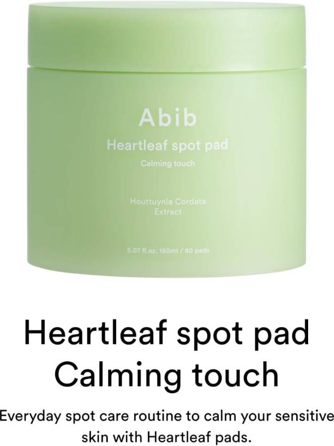 Green container of Abib Heartleaf spot pad with text on a white background