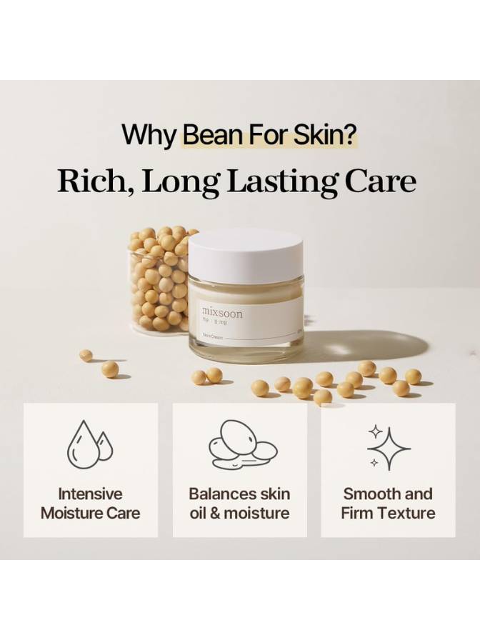 Cosmetic jar with soybeans and text about skin care benefits on a light background