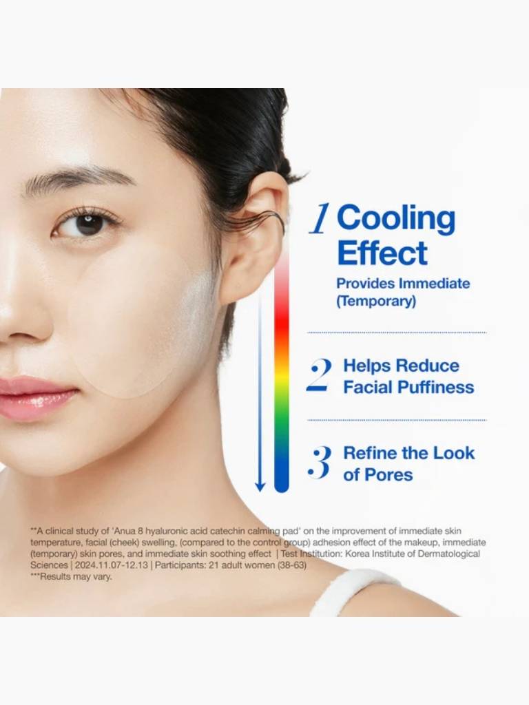 Woman's face with a cooling effect product on her cheek, showing text about its benefits.