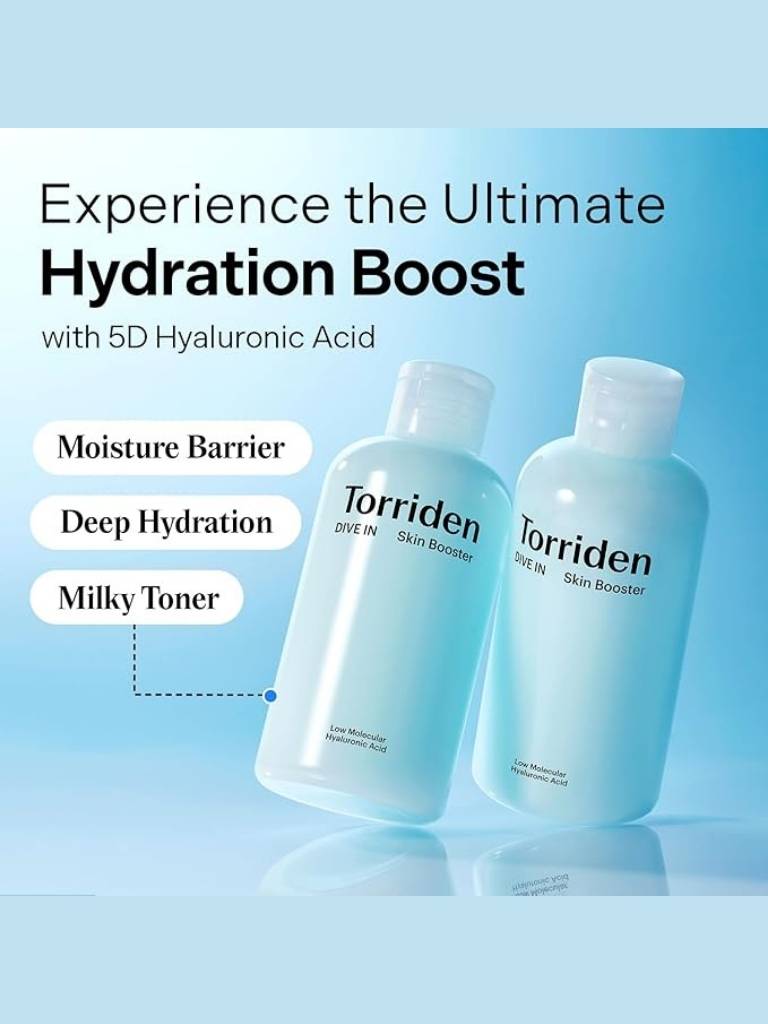 Two bottles of Torriden skincare products on a blue background with text about hydration boost and 5D Hyaluronic Acid.