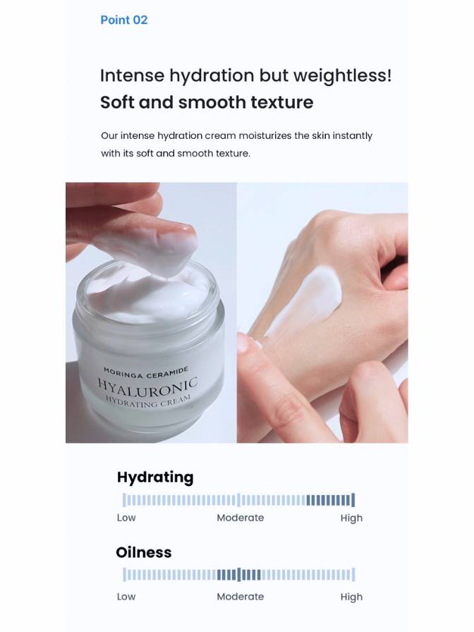 Hyaluronic acid cream with text about hydration and texture, and a hand applying cream.
