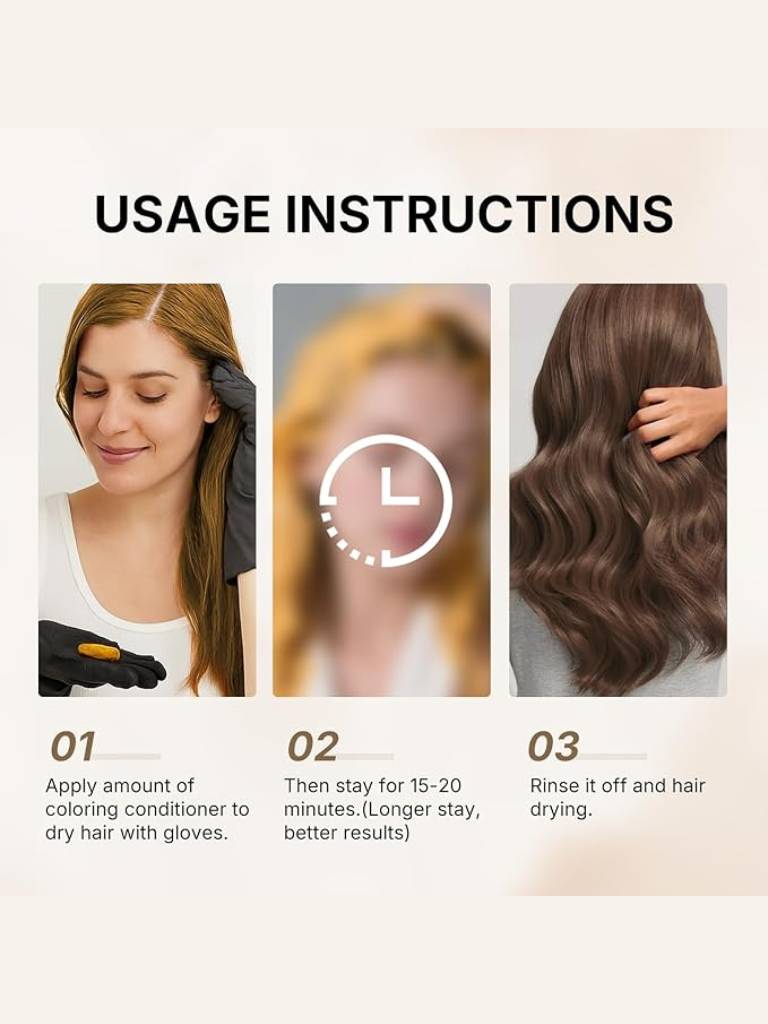 Usage instructions for hair coloring product with step-by-step guide and images of application.