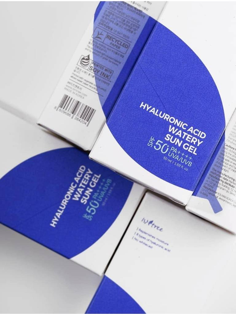 Hyaluronic Acid Watery Sun Gel packaging with blue and white design on a light gray background