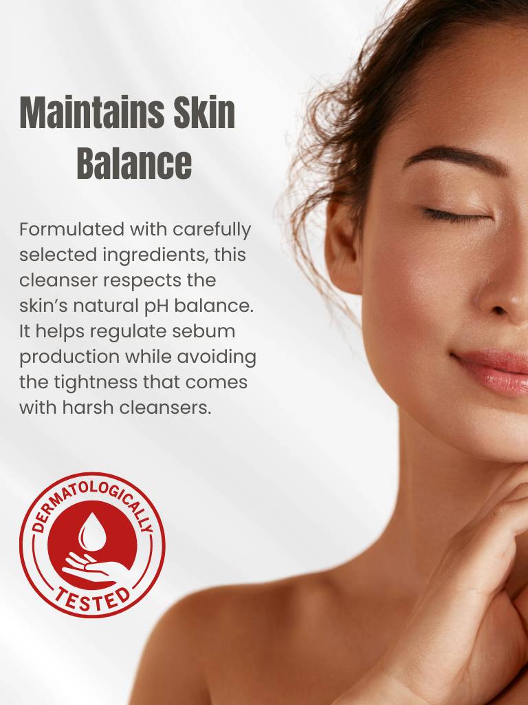 Woman with smooth skin and text about a skin-balancing cleanser