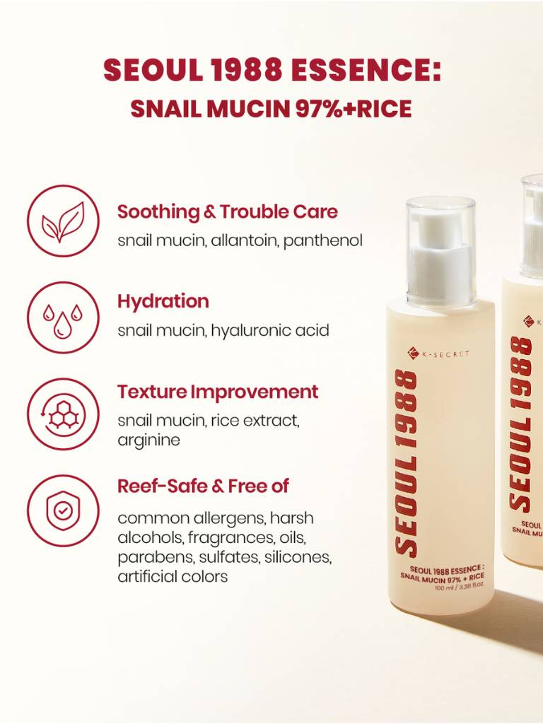 Seoul 1988 Essence skincare product with features listed on a white background