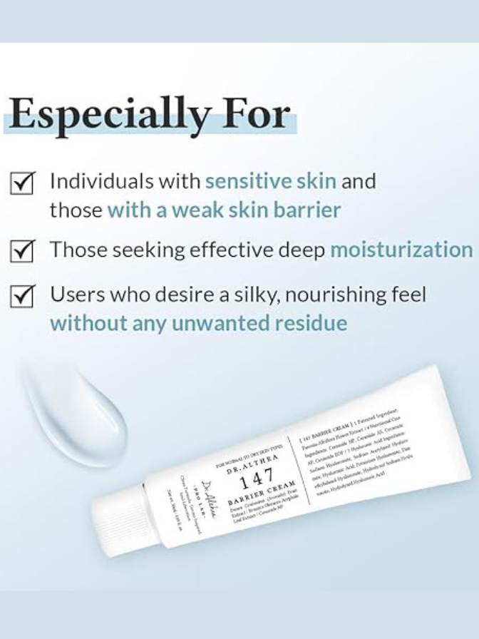 Tube of cream with text about its use for sensitive skin and deep moisturization on a light blue background