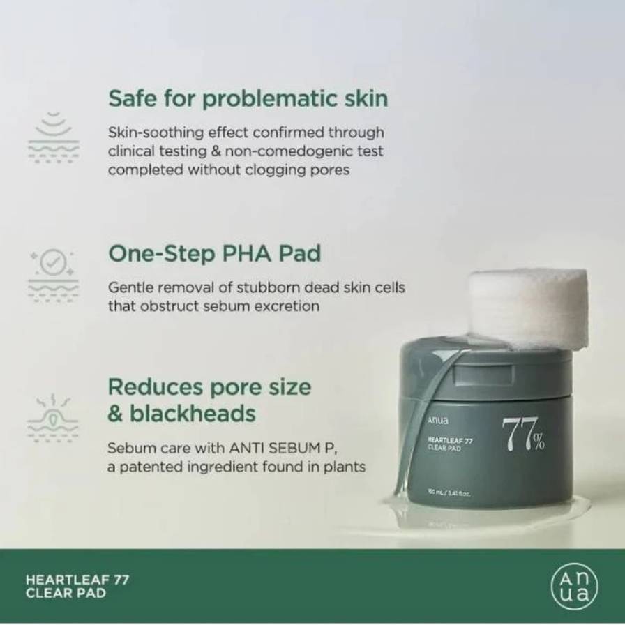 Anua Heartleaf 77 Clear Pad packaging with text about its benefits on a light background