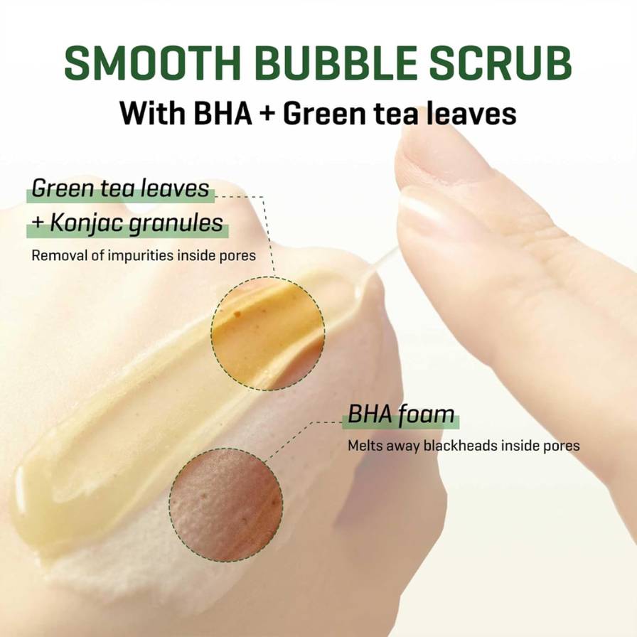Smooth bubble scrub with BHA and green tea leaves on a white background