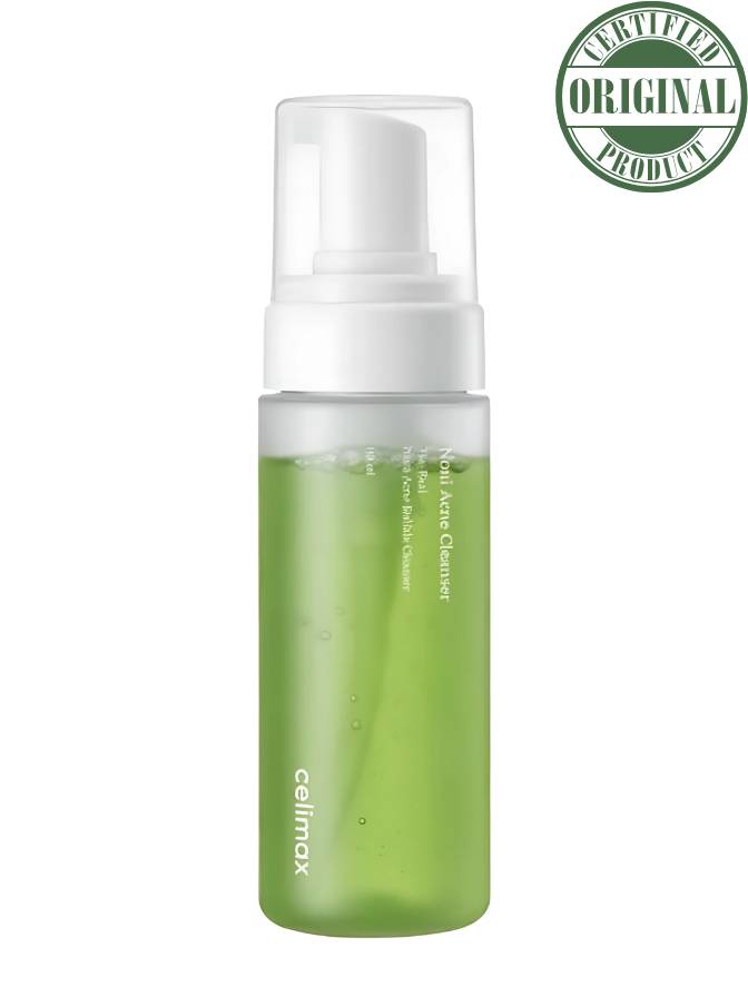 Green skincare product bottle with white cap on a white background, featuring 'cellmax' branding.