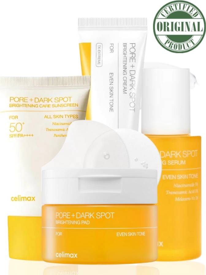 Skincare product set with bottles and packaging labeled 'Pore + Dark Spot' by celimax on a white background.