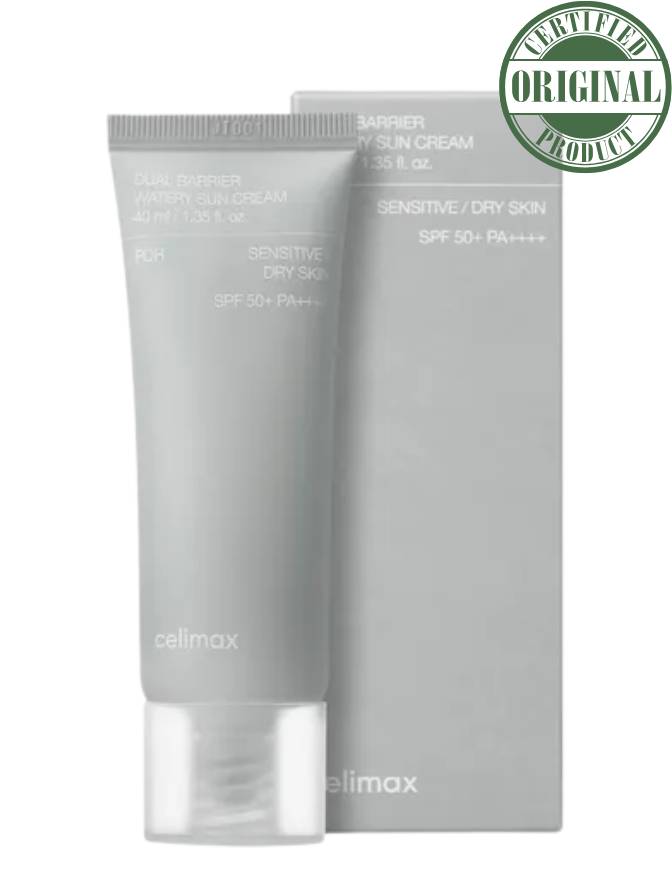 Tube and packaging of Cellmax sunscreen cream for sensitive/dry skin on a white background