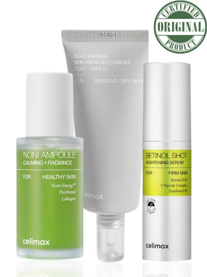 Three skincare products from Celimax on a white background with a 'Certified Original Product' label.