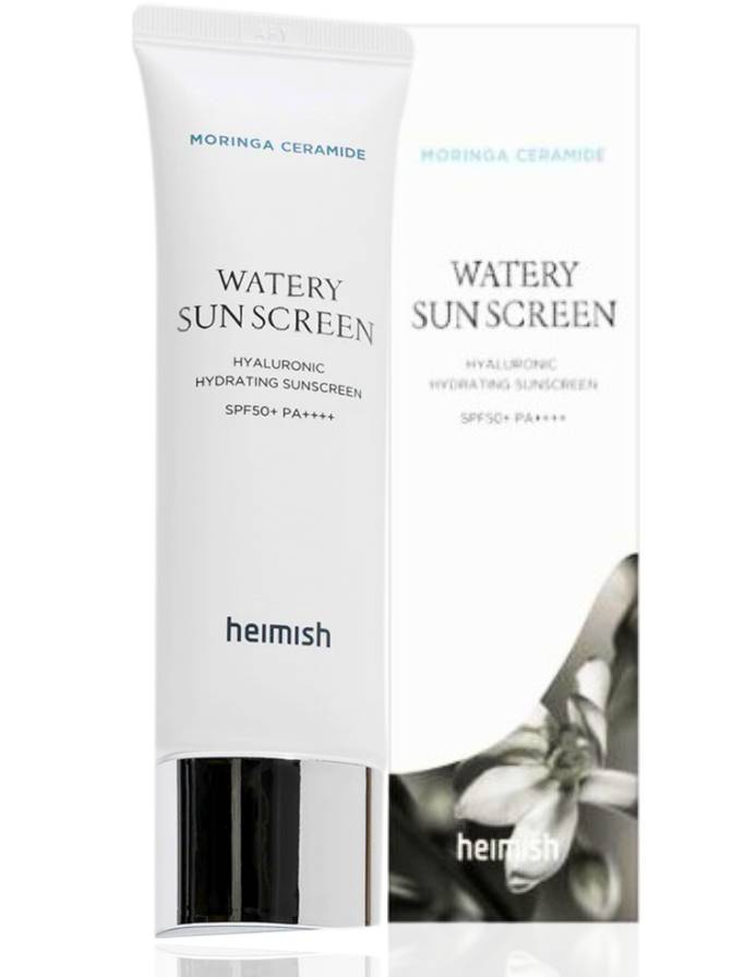 Heimish Watery Sun Screen tube with packaging on a white background