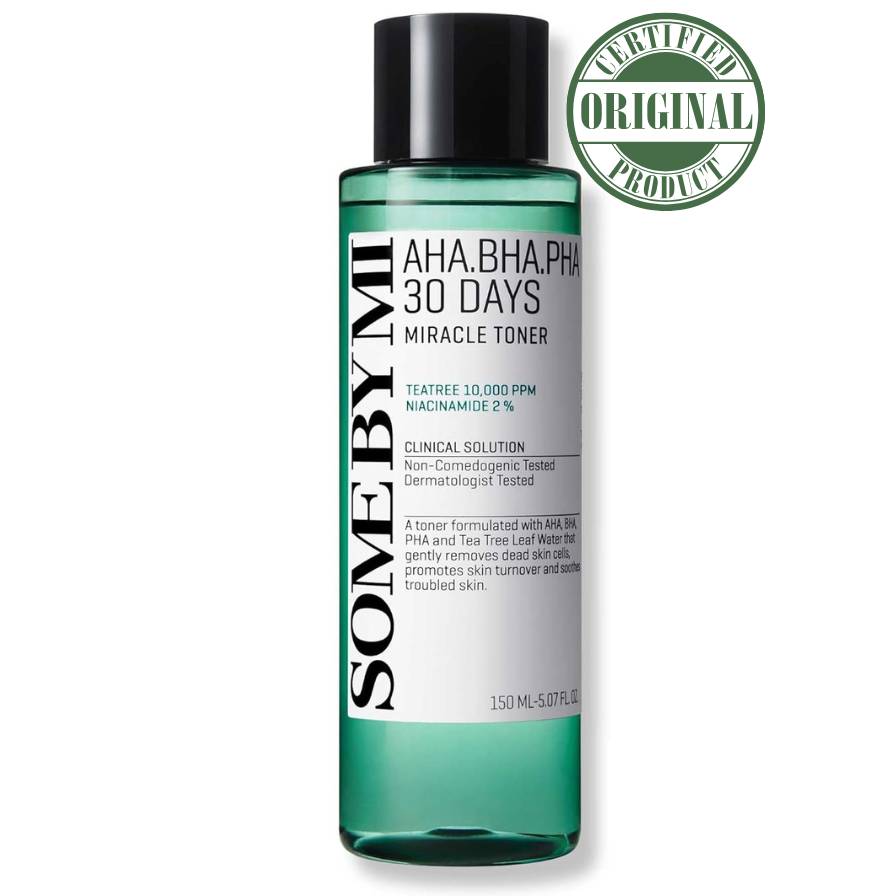 Bottle of Some By Mi AHA.BHA.PHA 30 Days Miracle Toner with certification logo on a white background