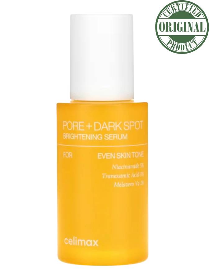 Yellow serum bottle with white cap labeled 'Pore + Dark Spot Brightening Serum' by celimax on a white background.