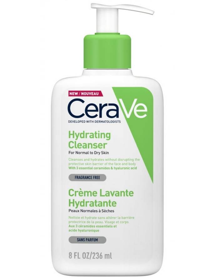 CeraVe hydrating cleanser bottle on a white background