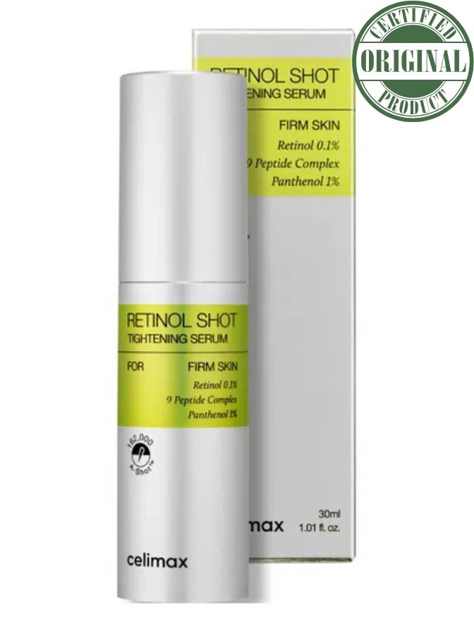 Retinol shot tightening serum with packaging on a white background