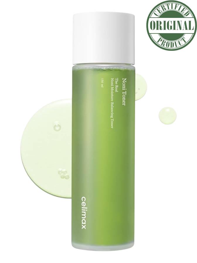 Green bottle of cellmax toner with a white cap on a white background