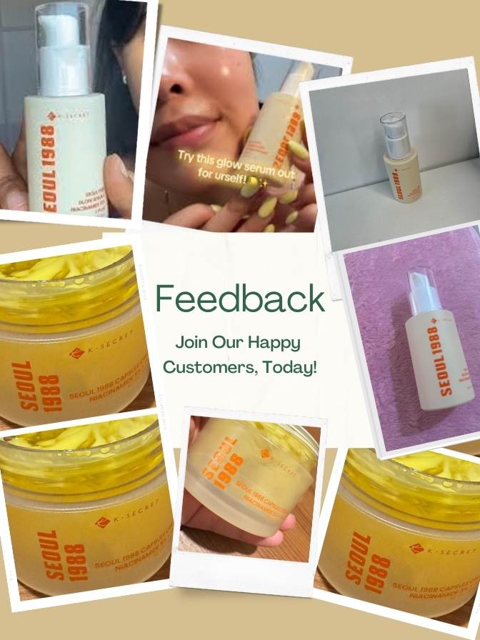 Collage of skincare products with 'Seoul 1988' branding and promotional text for feedback.