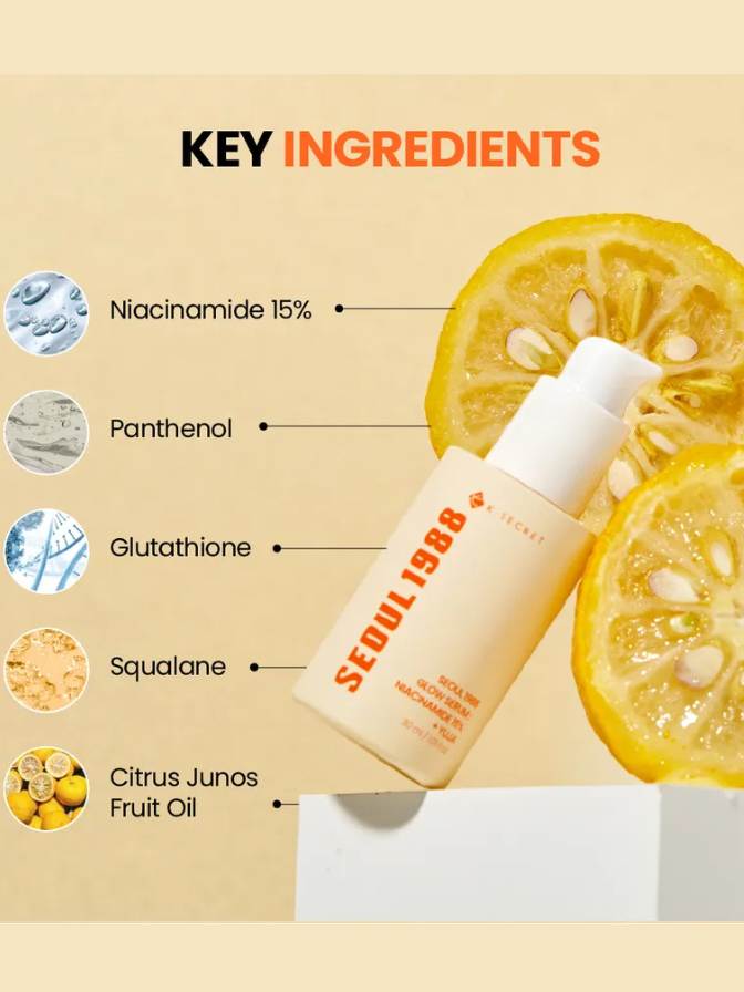 Skincare product with key ingredients listed on a beige background