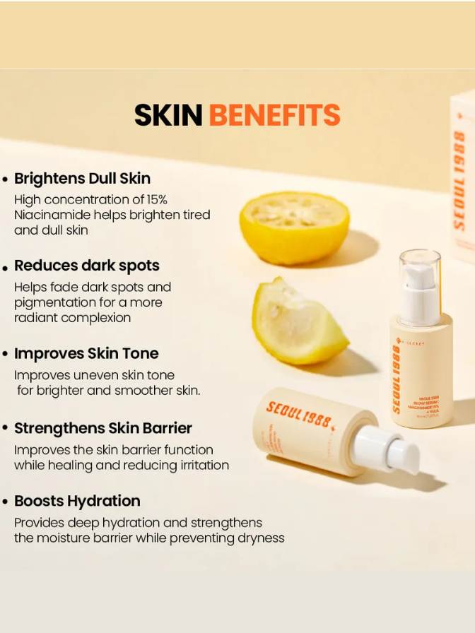 Product packaging with lemon slices and text highlighting skin benefits on a light yellow background