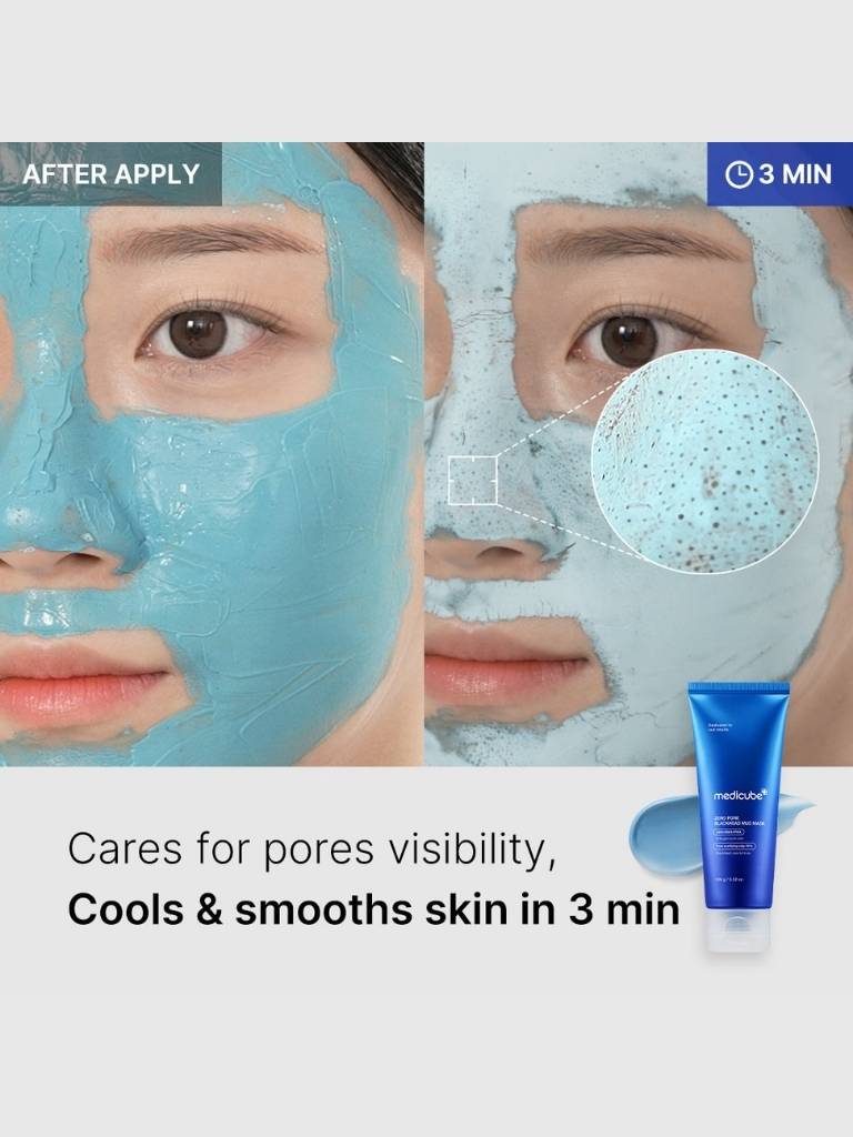 Facial mask application with close-up of product and text highlighting benefits