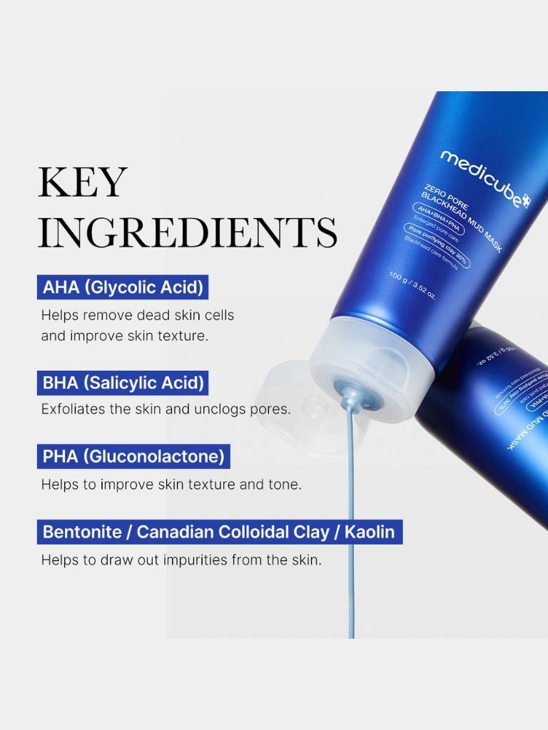 Blue skincare product with key ingredients listed on a white background