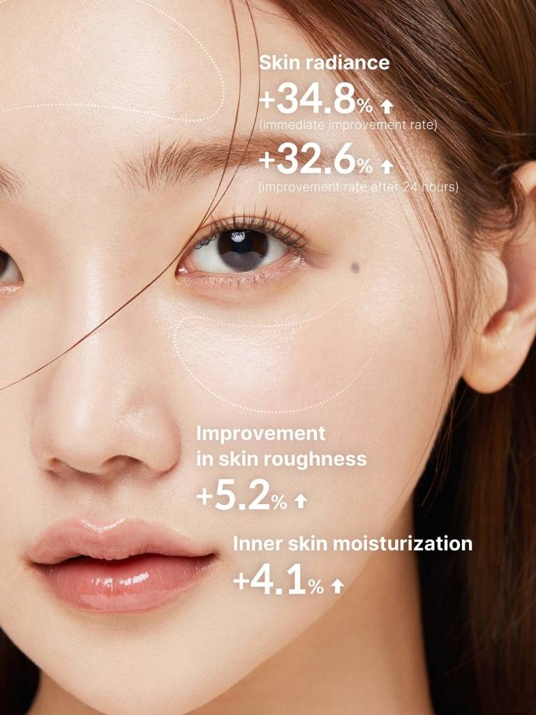Close-up of a person's face with skin radiance and improvement statistics displayed.