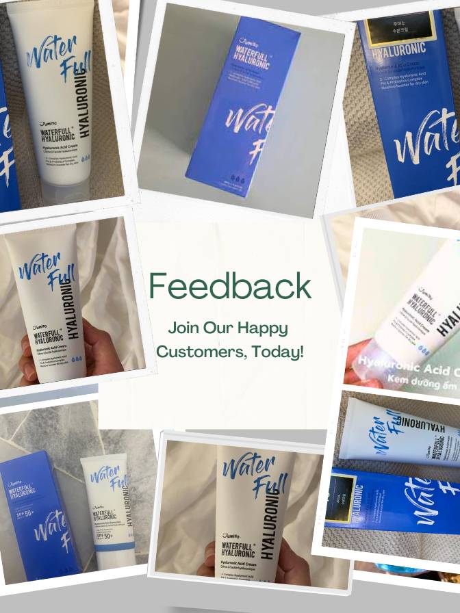 Collage of 'Water Full' skincare products with promotional text for feedback.