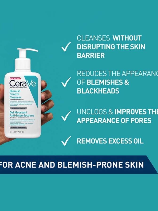 CeraVe cleanser bottle held by a hand with product benefits on a teal background