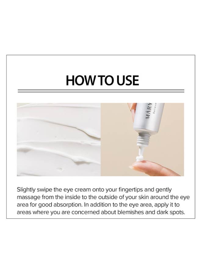 Instructions on how to use eye cream with a close-up of the product and application method.