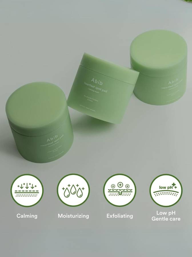Three green jars with a lid on a light gray background, featuring icons and text about skincare benefits.