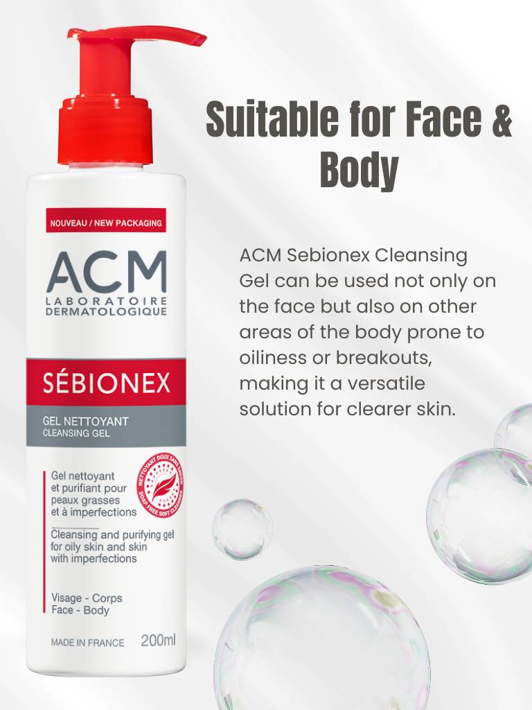 ACM Sebionex Cleansing Gel bottle with text about its versatility on face and body.