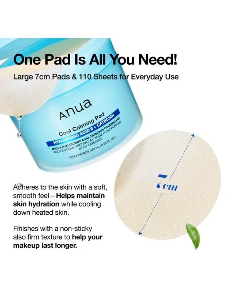 Anua cool calming pad with packaging details and text on a white background