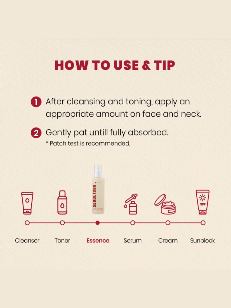 Step-by-step guide on how to use skincare products with icons and text on a beige background.