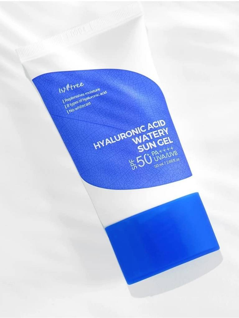 Hyaluronic Acid Watery Sun Gel tube with blue label on a white background