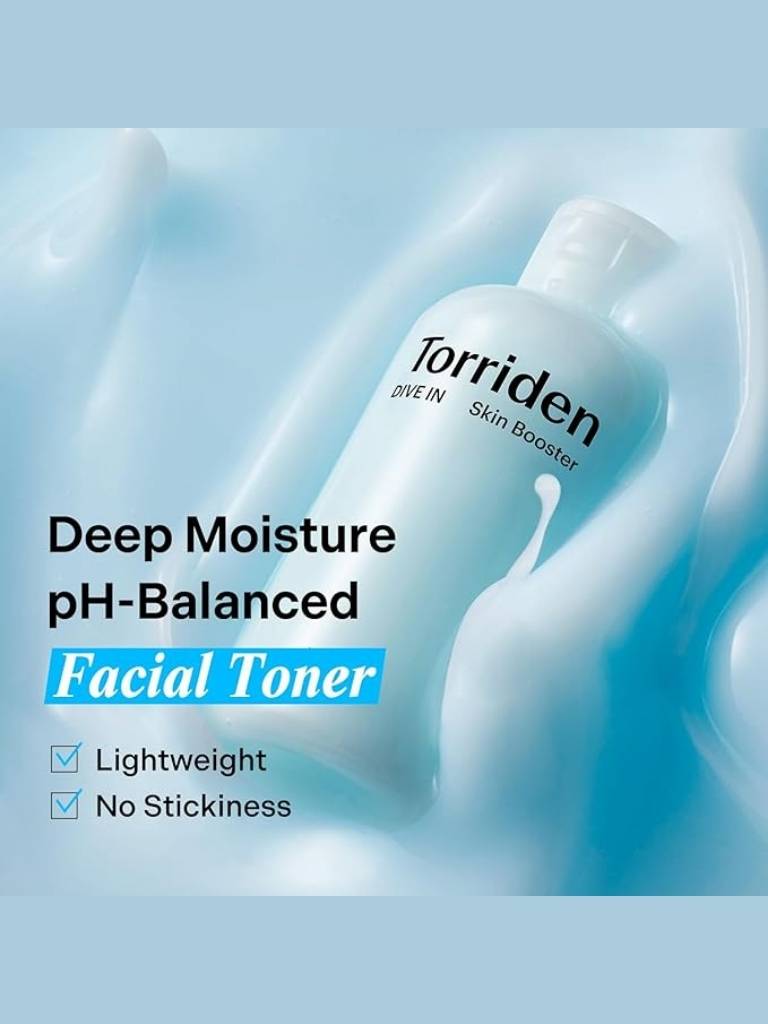 Torriden facial toner bottle with product details on a blue background