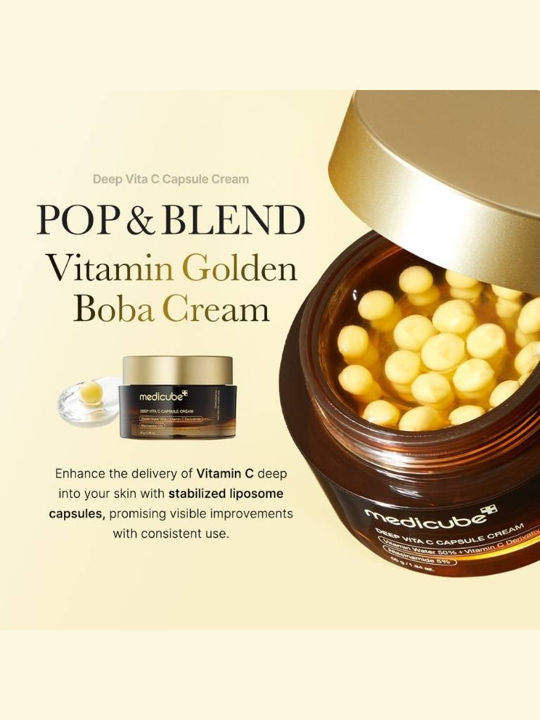 Medicube Vitamin Golden Boba Cream with capsules on a beige background