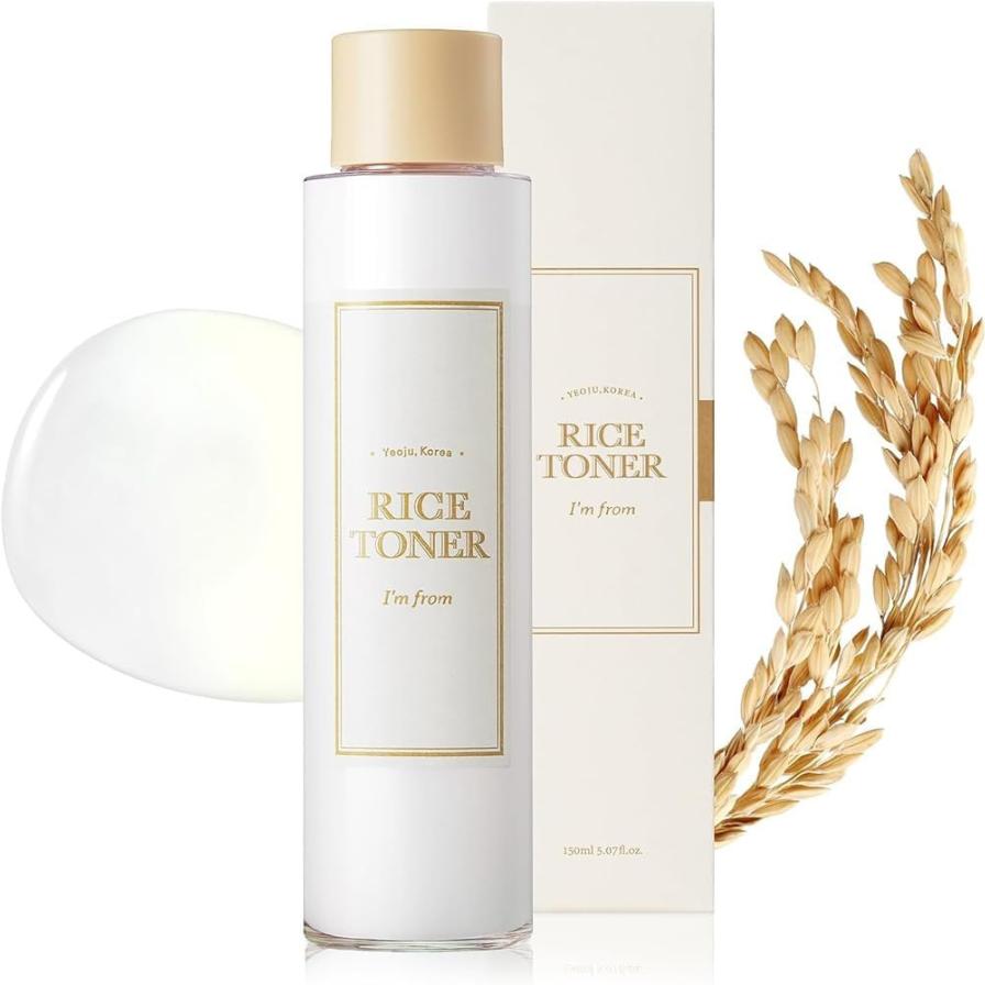 I'm from Rice Toner bottle and packaging with rice plant on a white background