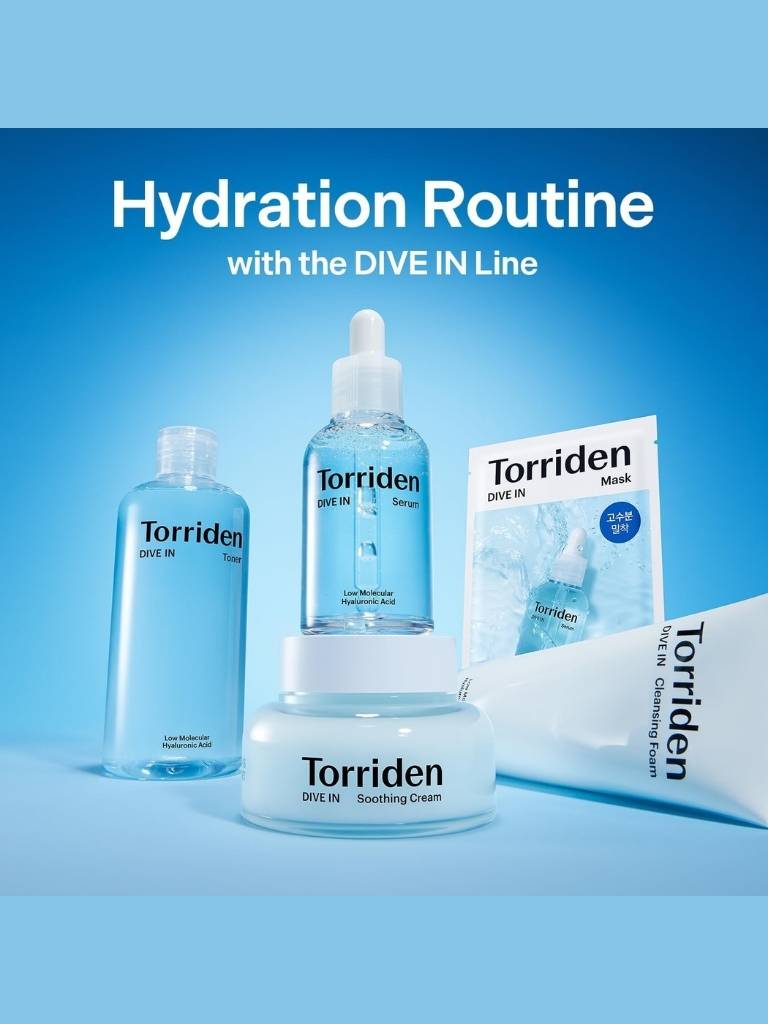 Torriden skincare products with 'Hydration Routine' text on a blue background