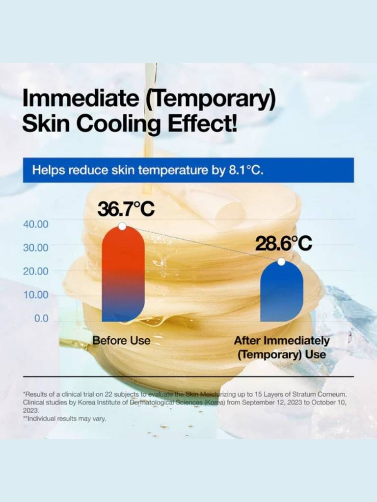 Product packaging with temperature reduction effect illustration on a light blue background