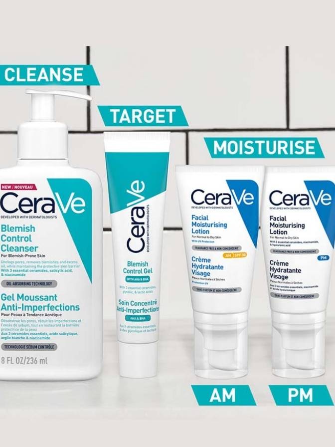 CeraVe skincare products on a white background with labels for cleanse, target, and moisturize.