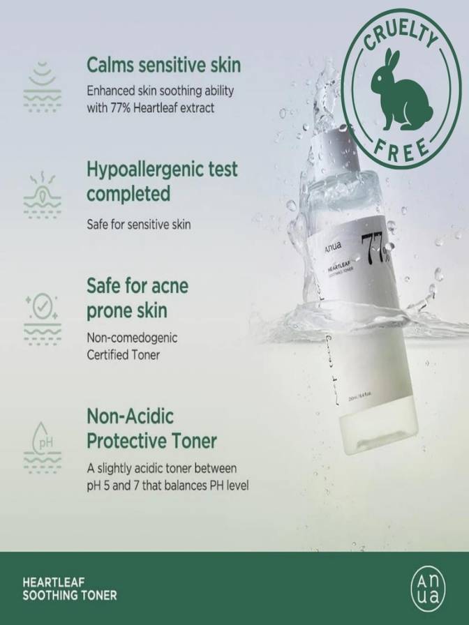 Anua Heartleaf Soothing Toner with product packaging and features listed on a green background