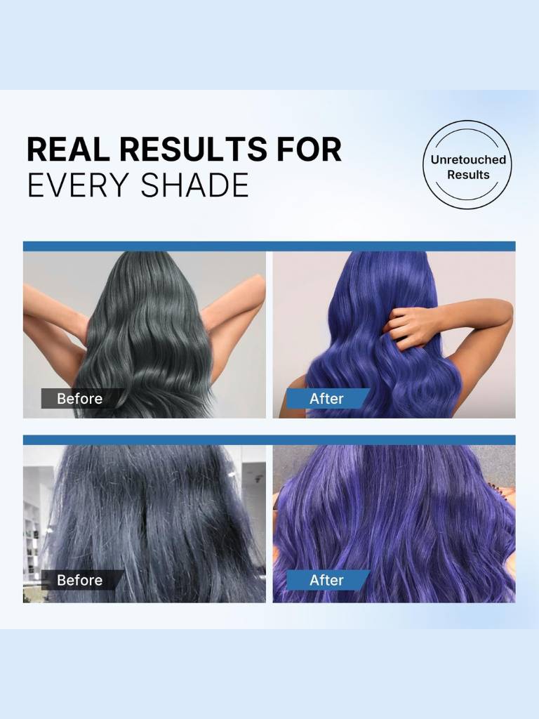 Before and after hair color transformation with blue hair on a light blue background.