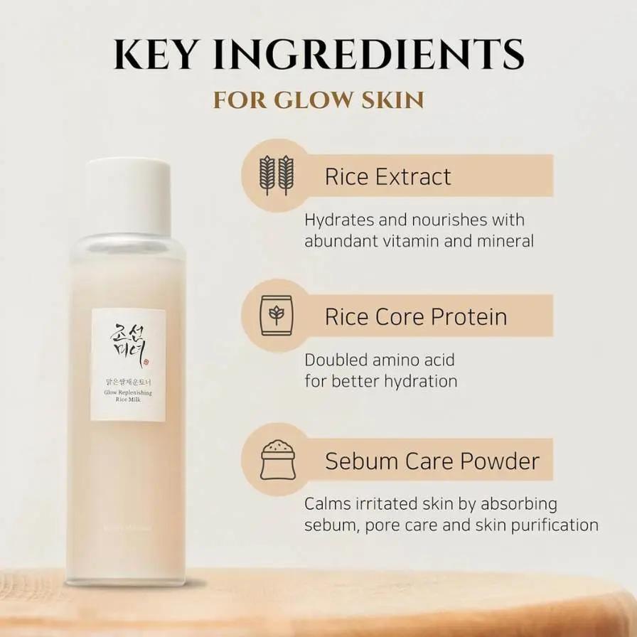 Skincare product with key ingredients for glow skin on a light background