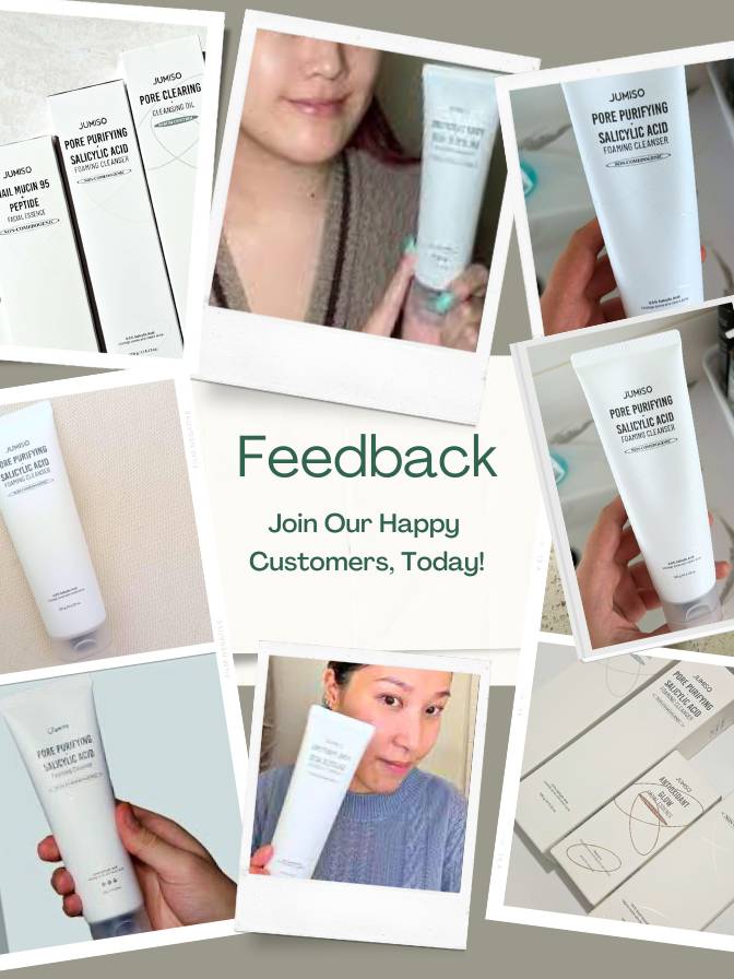 Collage of people using JUNO skincare products with a call to action for feedback.