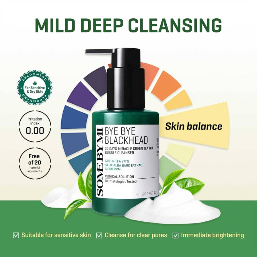 Skincare product with green bottle and black pump on a white background, featuring text about mild deep cleansing and skin balance.