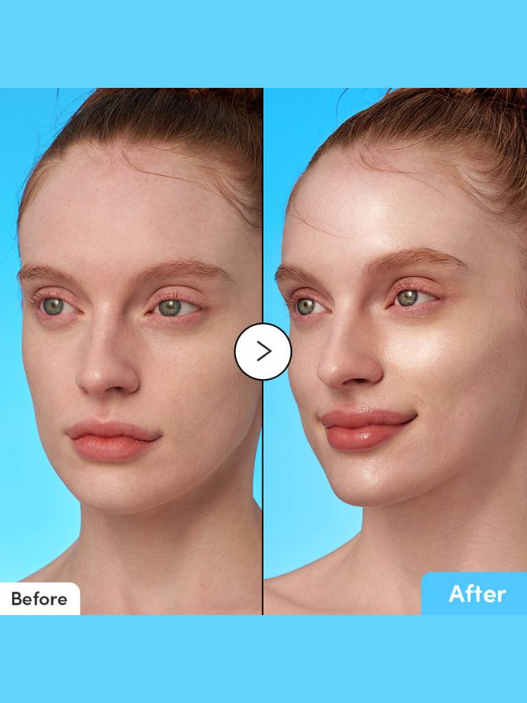 Before and after comparison of a woman's face on a blue background