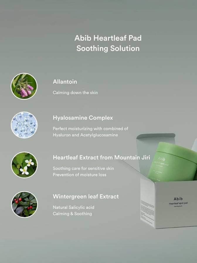 Abib Heartleaf Pad Soothing Solution with ingredients listed on a gray background
