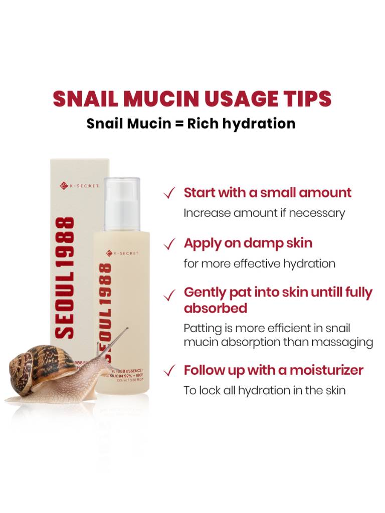 Snail mucin usage tips with a bottle and packaging on a white background